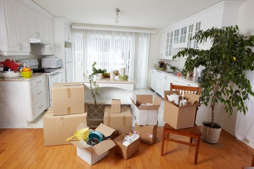 Office furniture and equipment being prepared for a Chiswick commercial move
