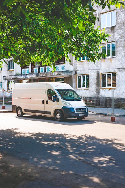 Inside a van used for home relocation, a man with a beard and wearing a red cap, plaid shirt, and grey gloves stands near the open sliding door. Behind him, there are several packed cardboard boxes of